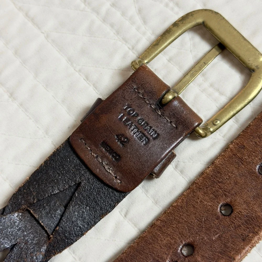 90s Western Braided Leather Belt Brass Buckle Dark Brown Boho Rustic Size 42